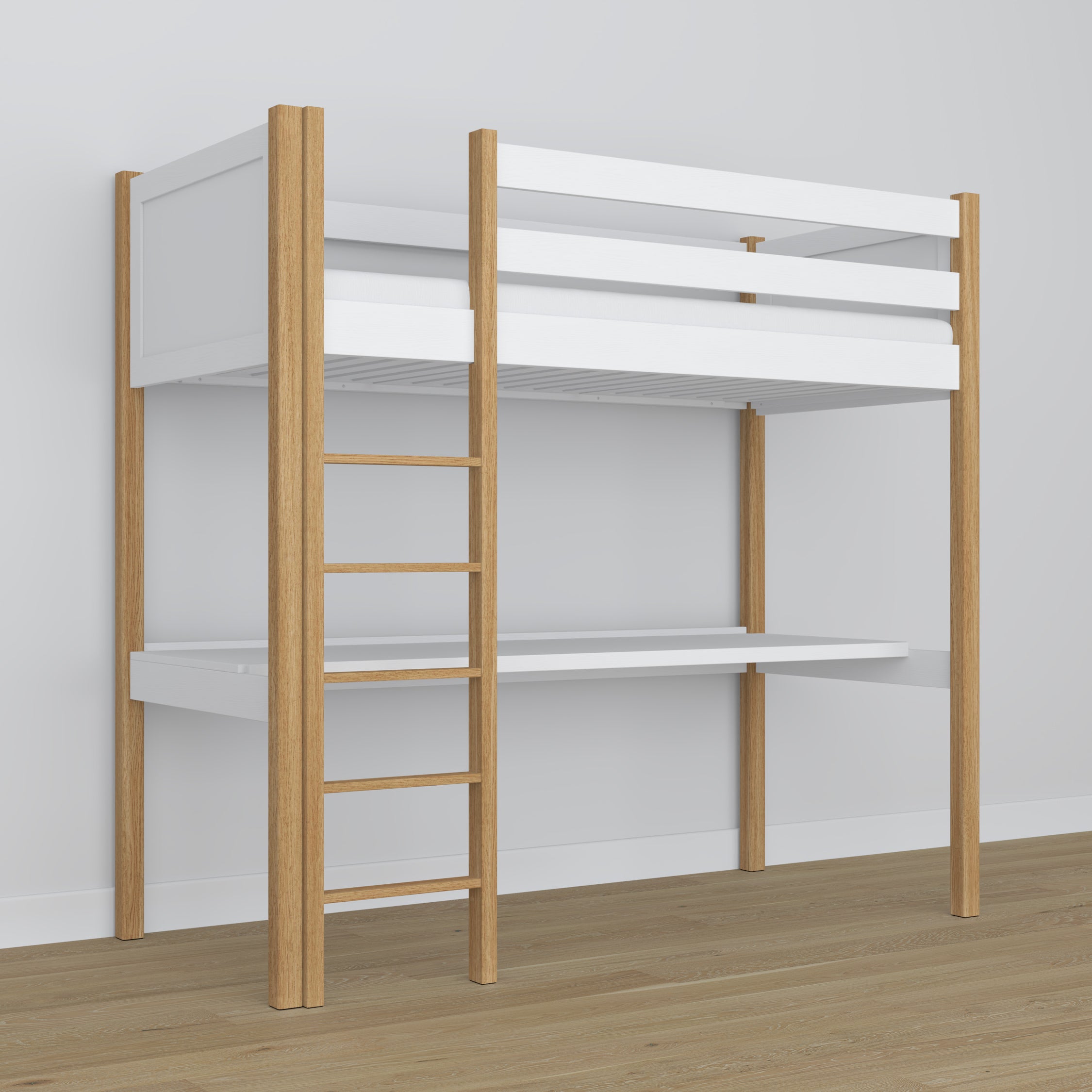 Loft bed with desk white/oak wooden – dimensions, Nizio Home
