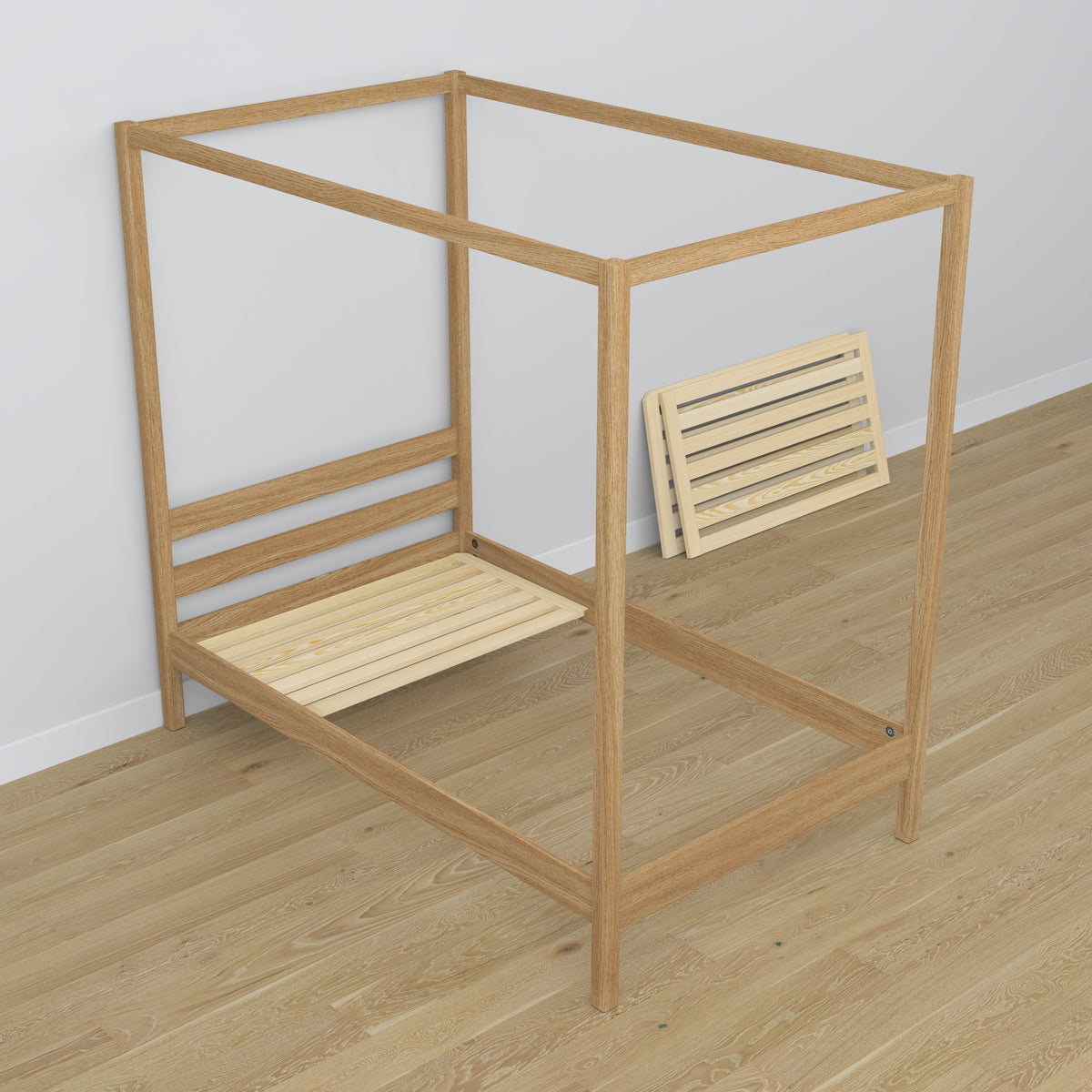 Oak canopy bed natural oak – scandi child’s room arrangement