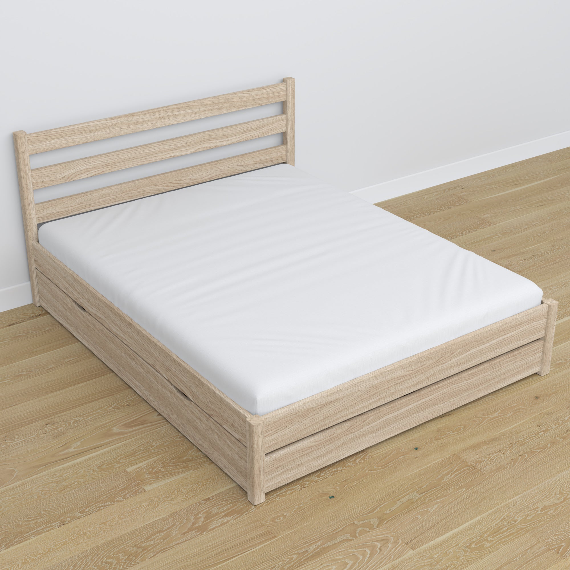 Double bed black with oak and drawer in bedroom – Scandinavian arrangement