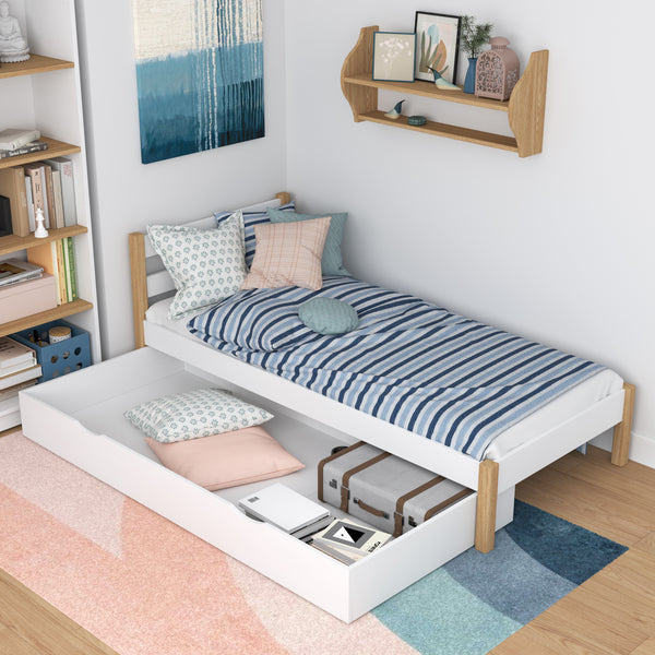 Bed white/oak with drawer – spacious storage compartment, wooden, for children Nizio