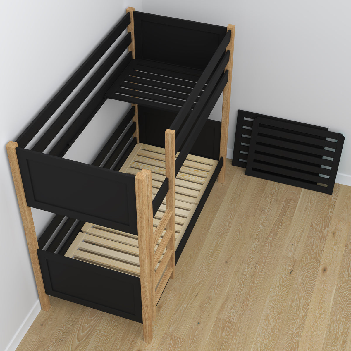 Black and Oak Wooden Bunk Bed – Slatted Frame, Durable Joinery Joints