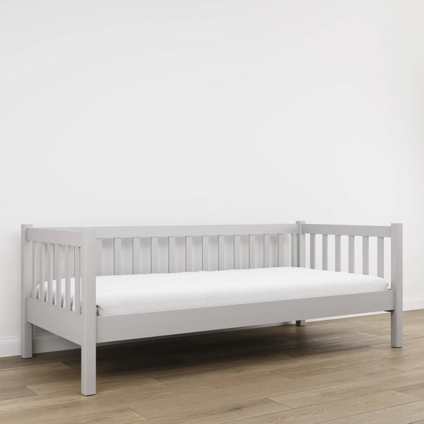 Grey sofa bed – wooden side barrier, child safety