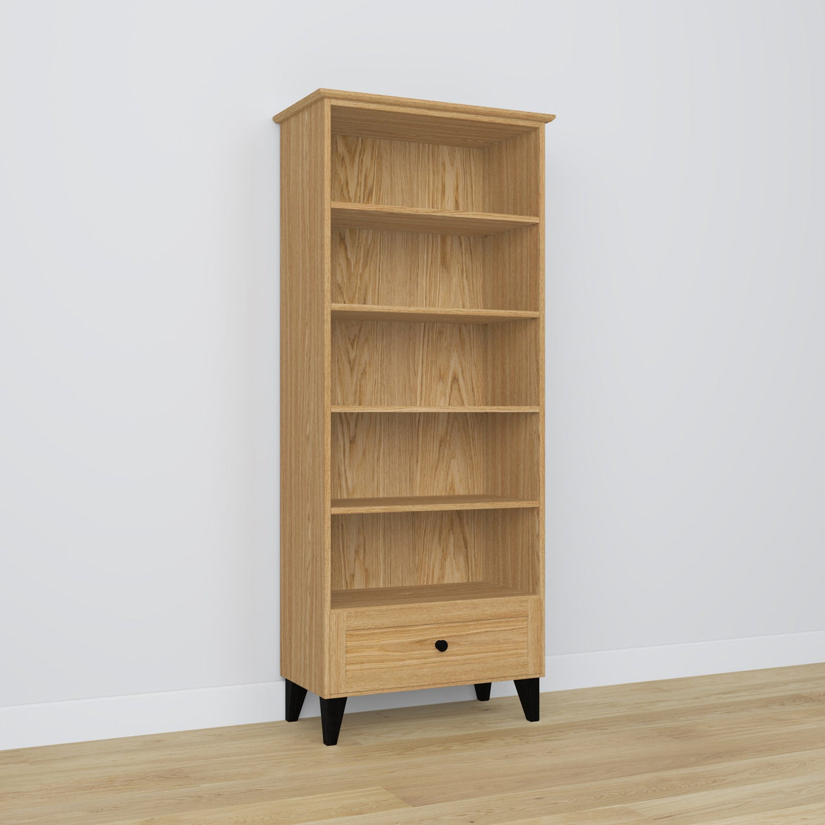 Bookcase 1S oak natural oak with black – open drawer, storage for small items
