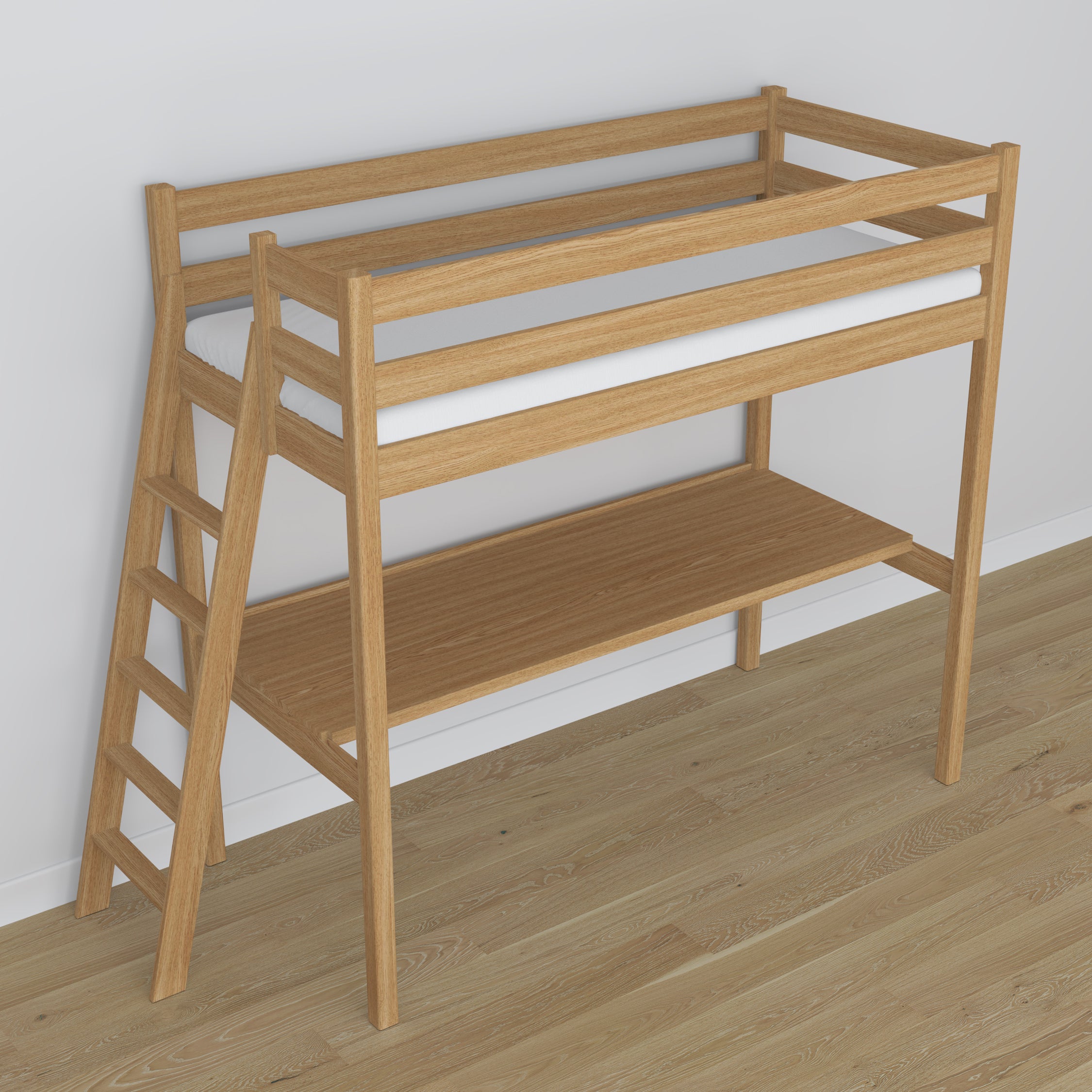 Loft bed natural oak oak – top view of the sleeping area, Nizio