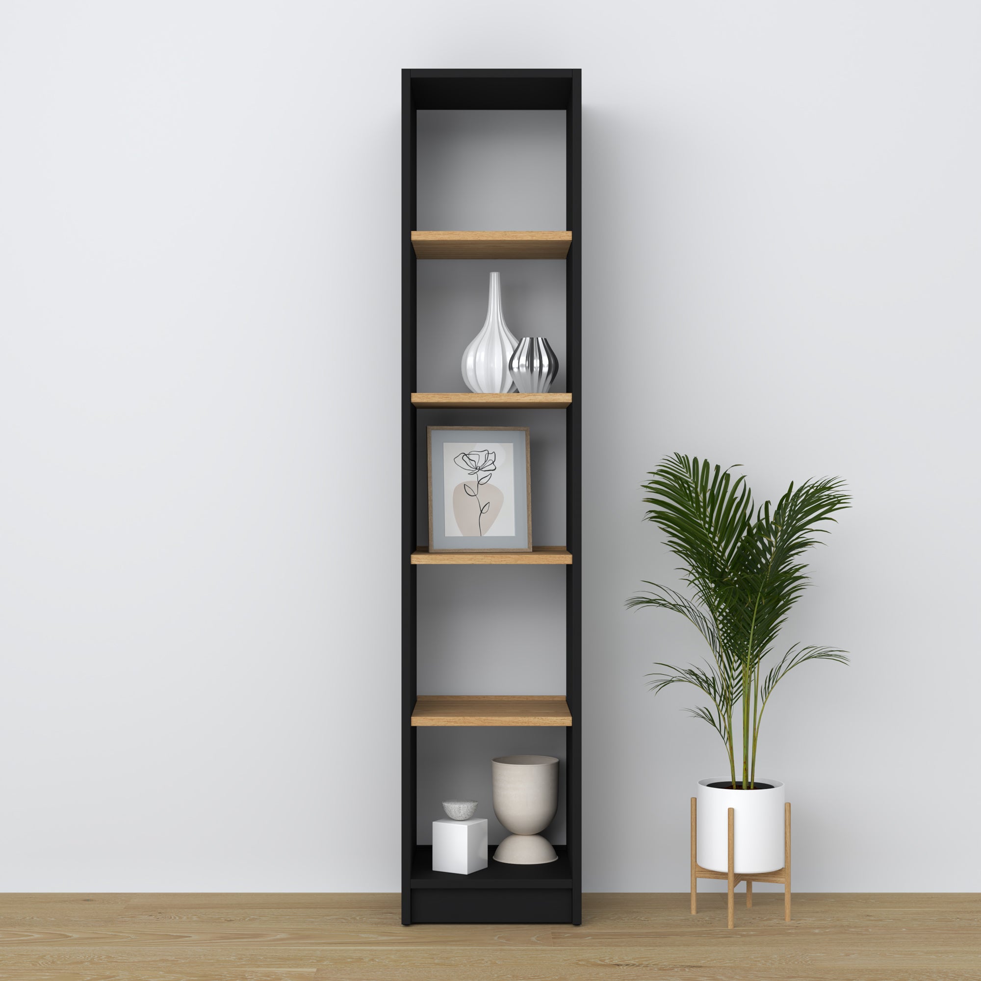 Bookcase black-oak – wooden, front view, all shelves, Nizio