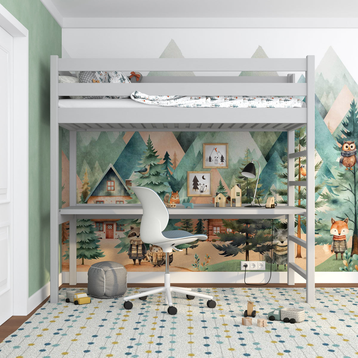 Loft bed grey with desk – study space under the sleeping area, wooden
