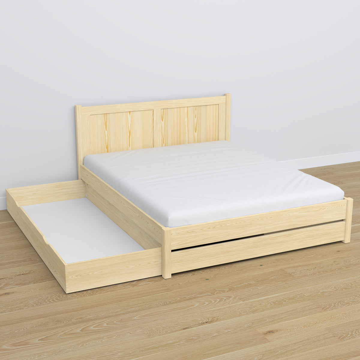 Double bed with wooden drawer clear pine – open drawer, spacious interior