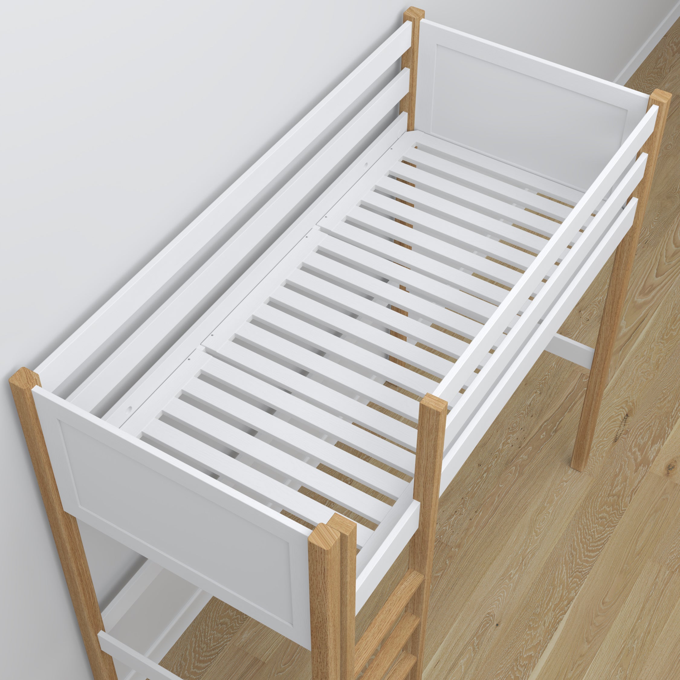 White and Oak Wooden Loft Bed – Ladder and Joint Details, Nizio Home