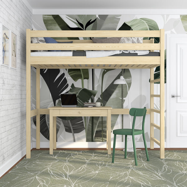 Loft bed clear pine – wooden ladder and safety rail, Nizio Home