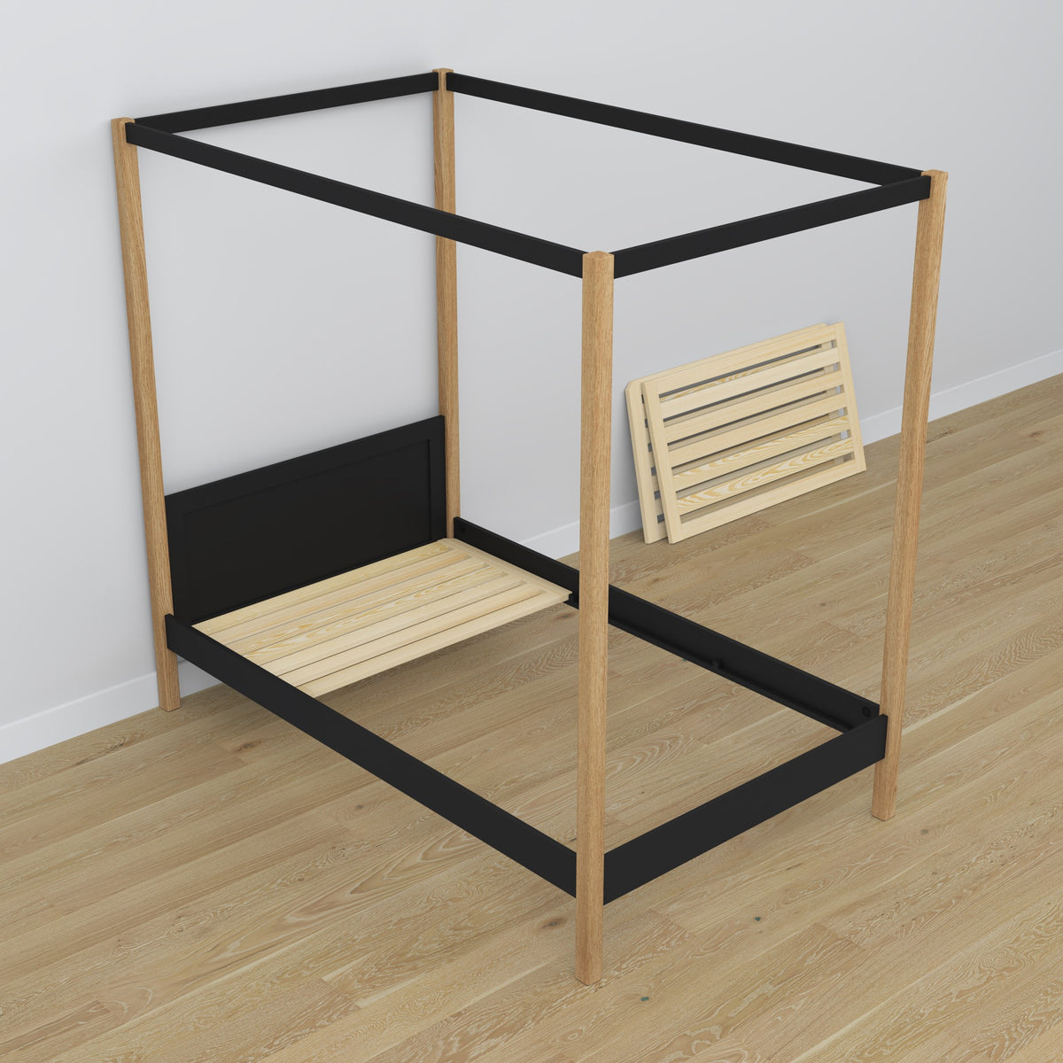 Black and Oak Canopy Bed in a Children’s Room – Scandi Arrangement