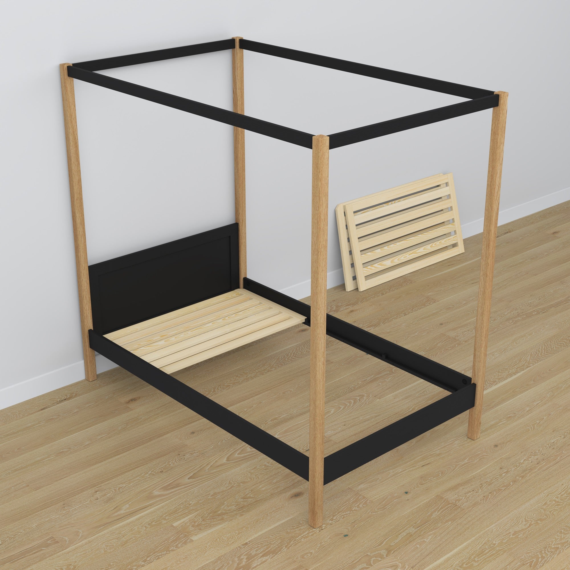 Black and Oak Canopy Bed in a Children’s Room – Scandi Arrangement