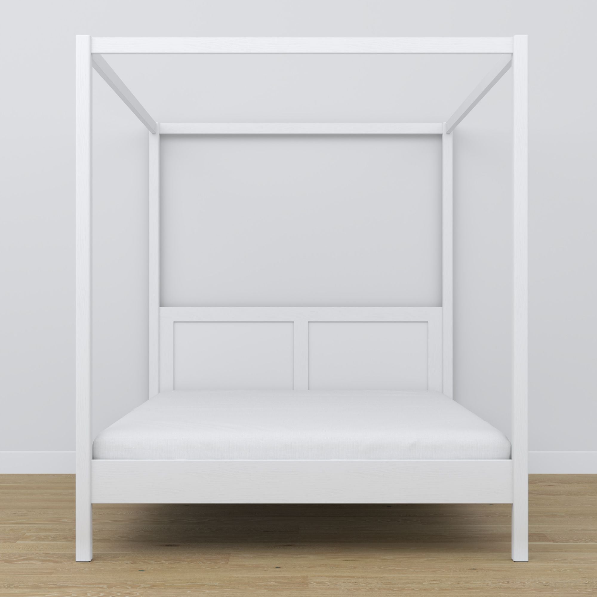 Double bed white with canopy – wooden frame corner, close-up