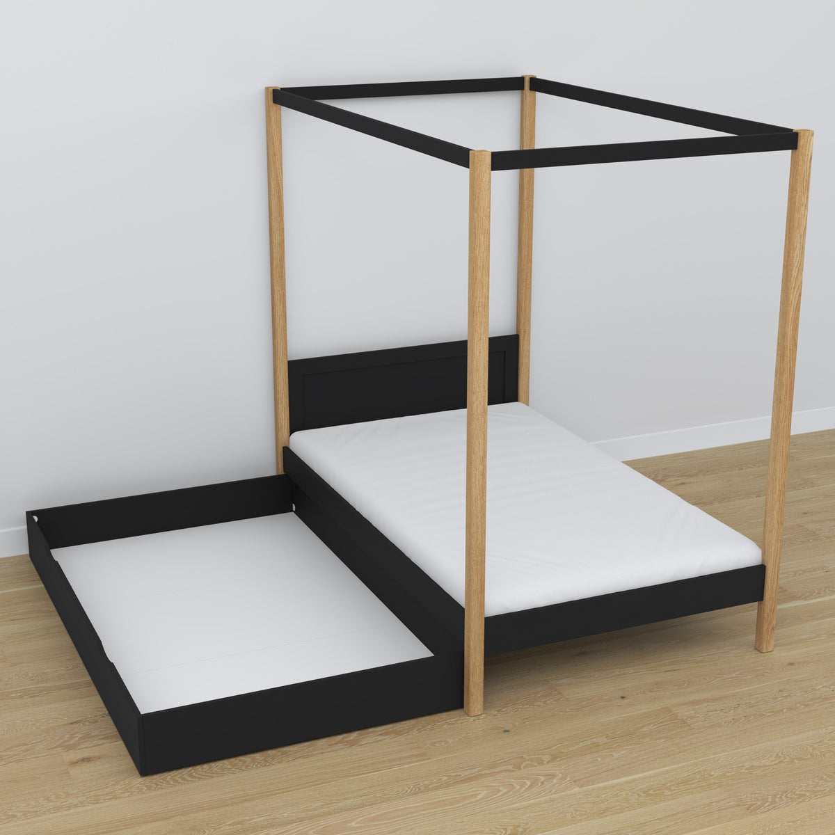 Wooden black-oak canopy bed – decorative frame, child’s room