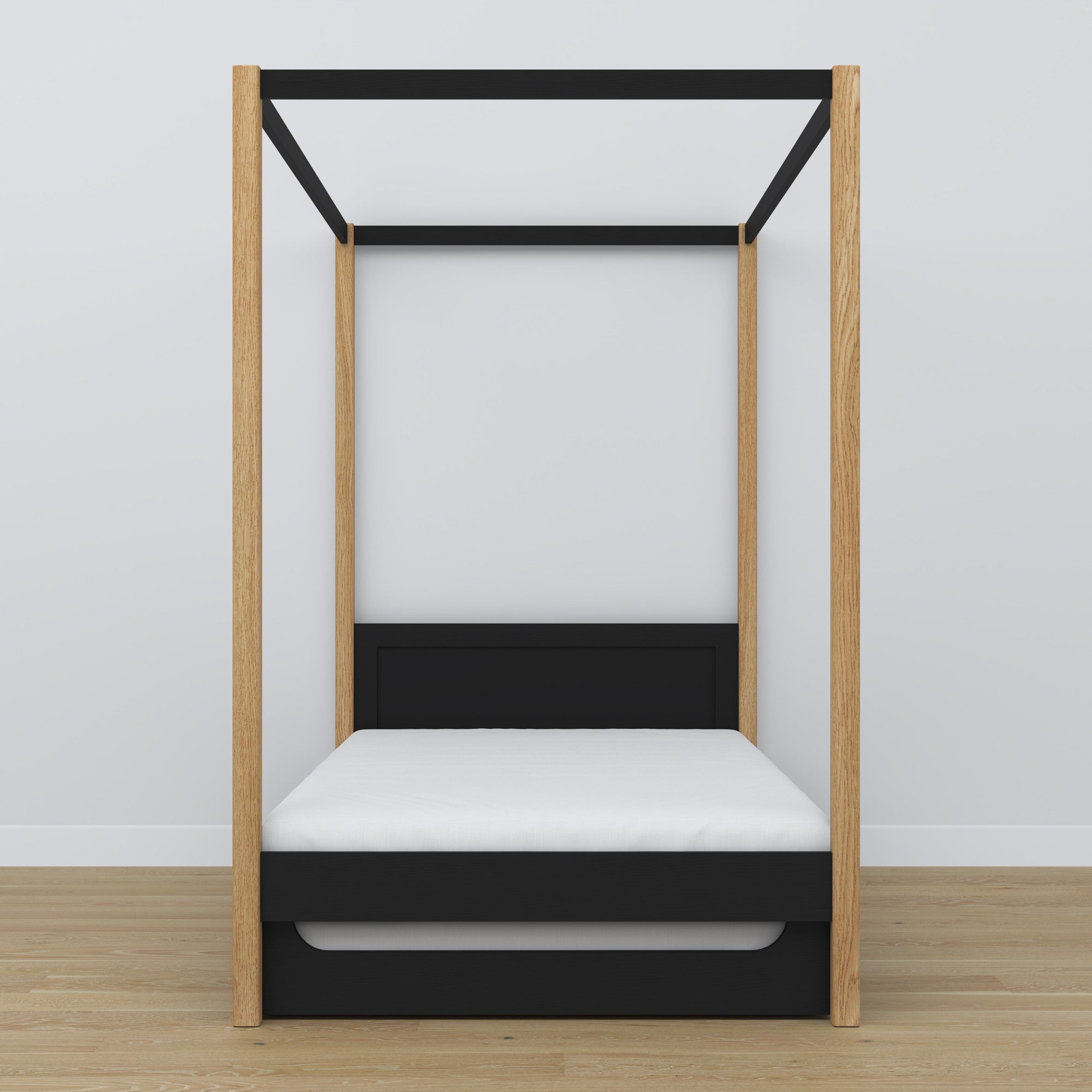 Black and Oak Canopy Bed with Drawer – Side View, Wooden, Nizio