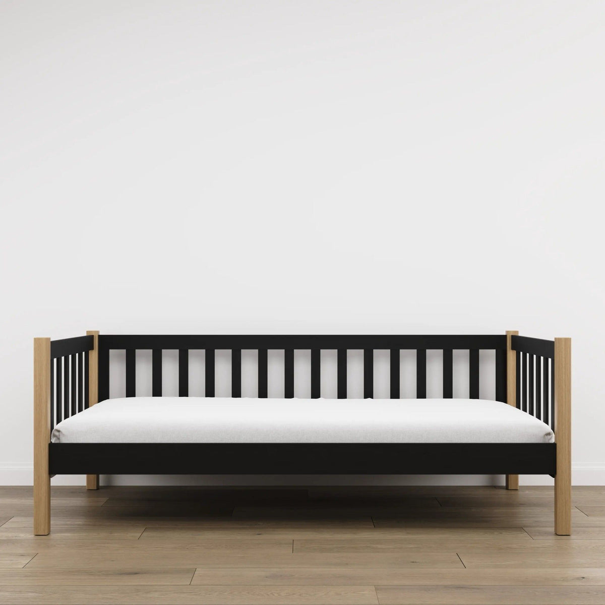 Sofa bed wooden black with oak – view from the headboard, children’s room