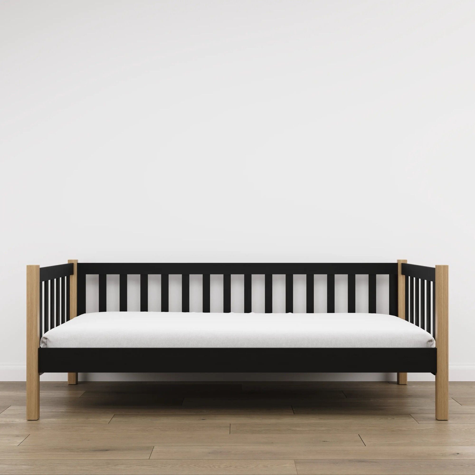 Sofa bed wooden black with oak – view from the headboard, children’s room