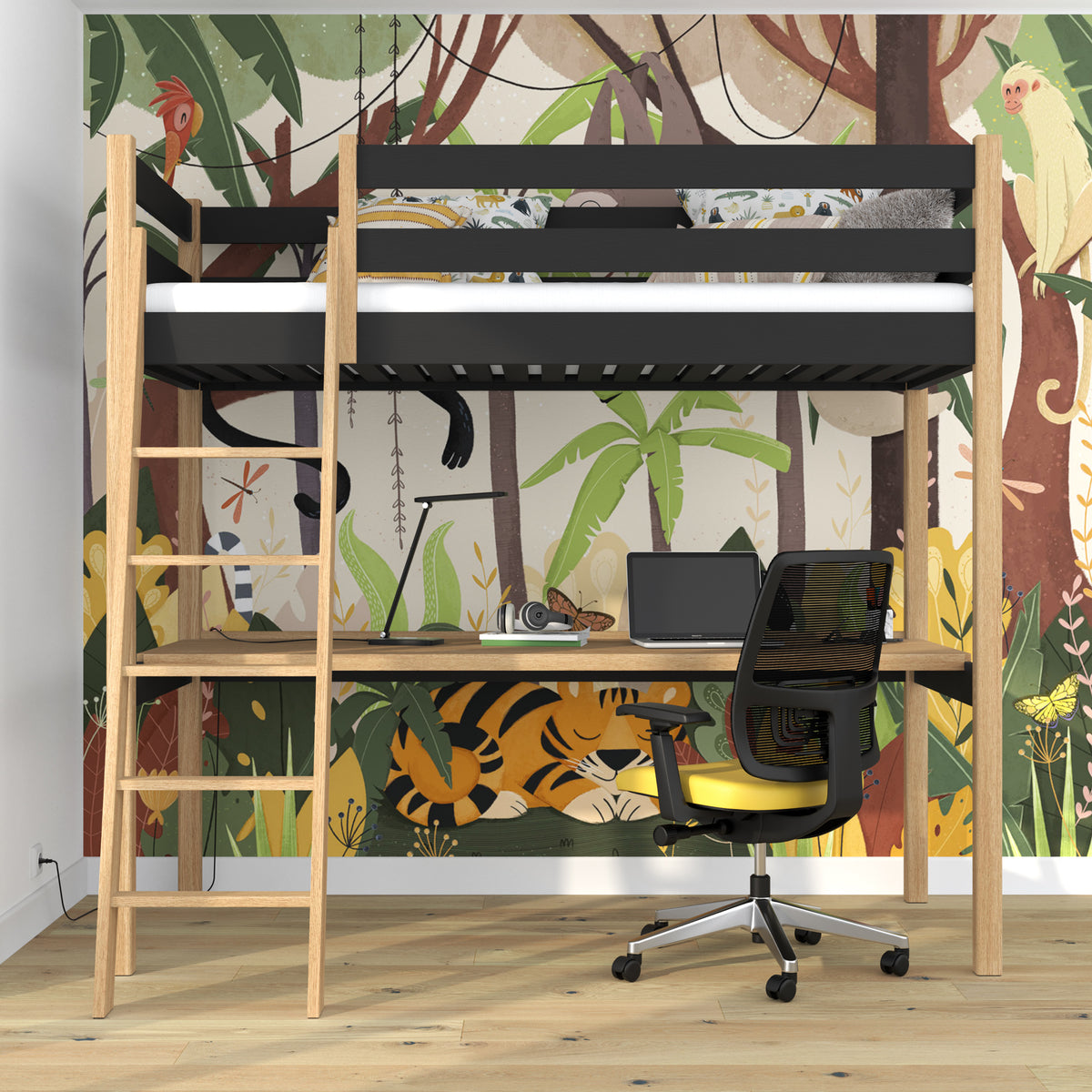 Loft bed black/oak with desk – study space under the sleeping area, wooden