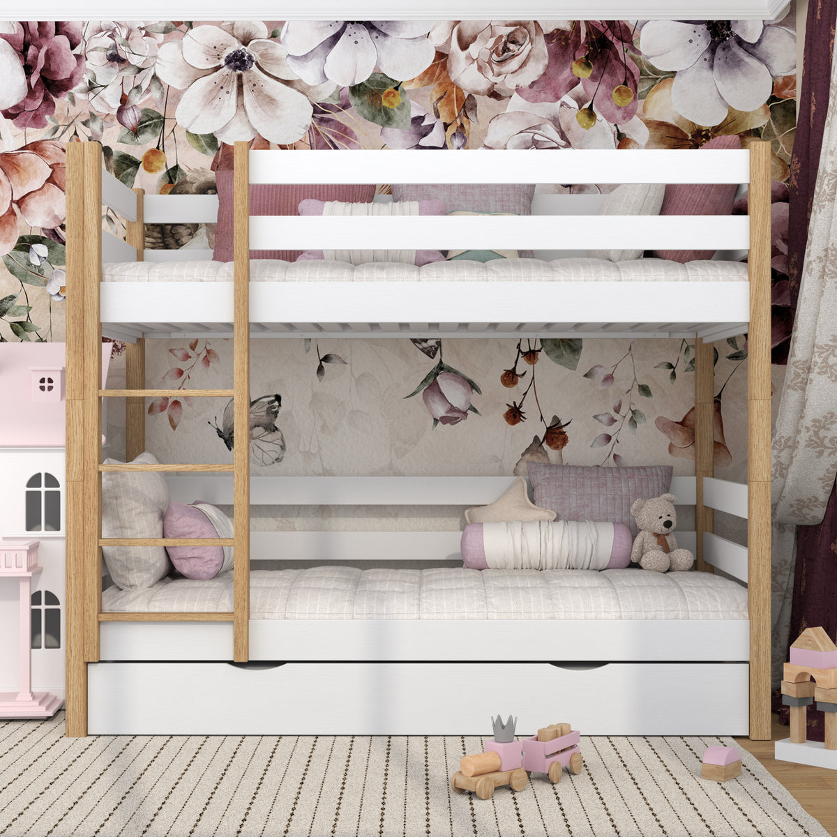 White and Oak Bunk Bed with Mattress Drawer – Safety Rail, Wooden, Nizio Home