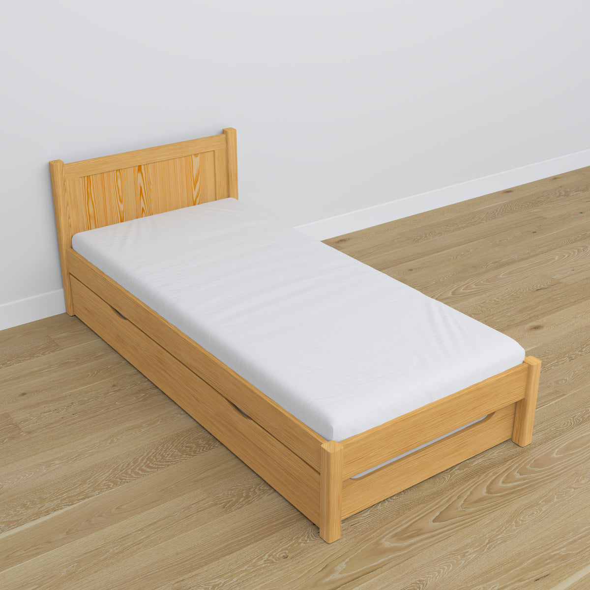 Natural pine bed – mattress drawer, wooden details, Nizio Home