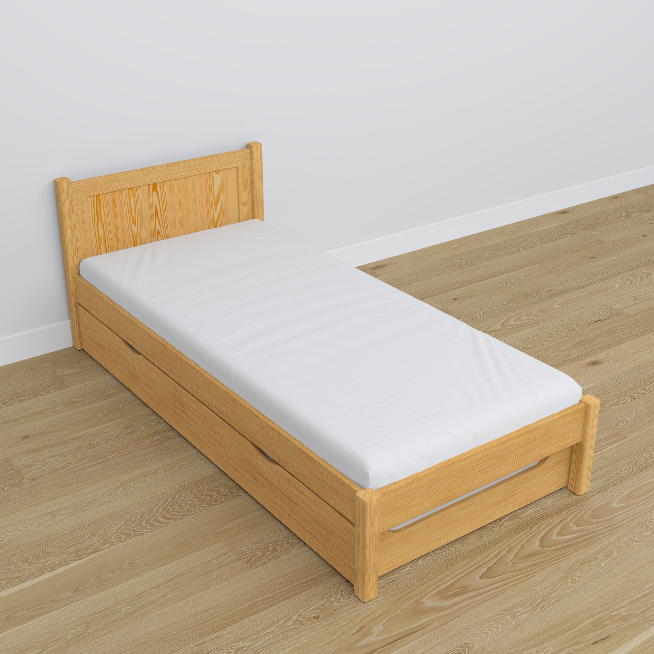 Natural pine bed – mattress drawer, wooden details, Nizio Home