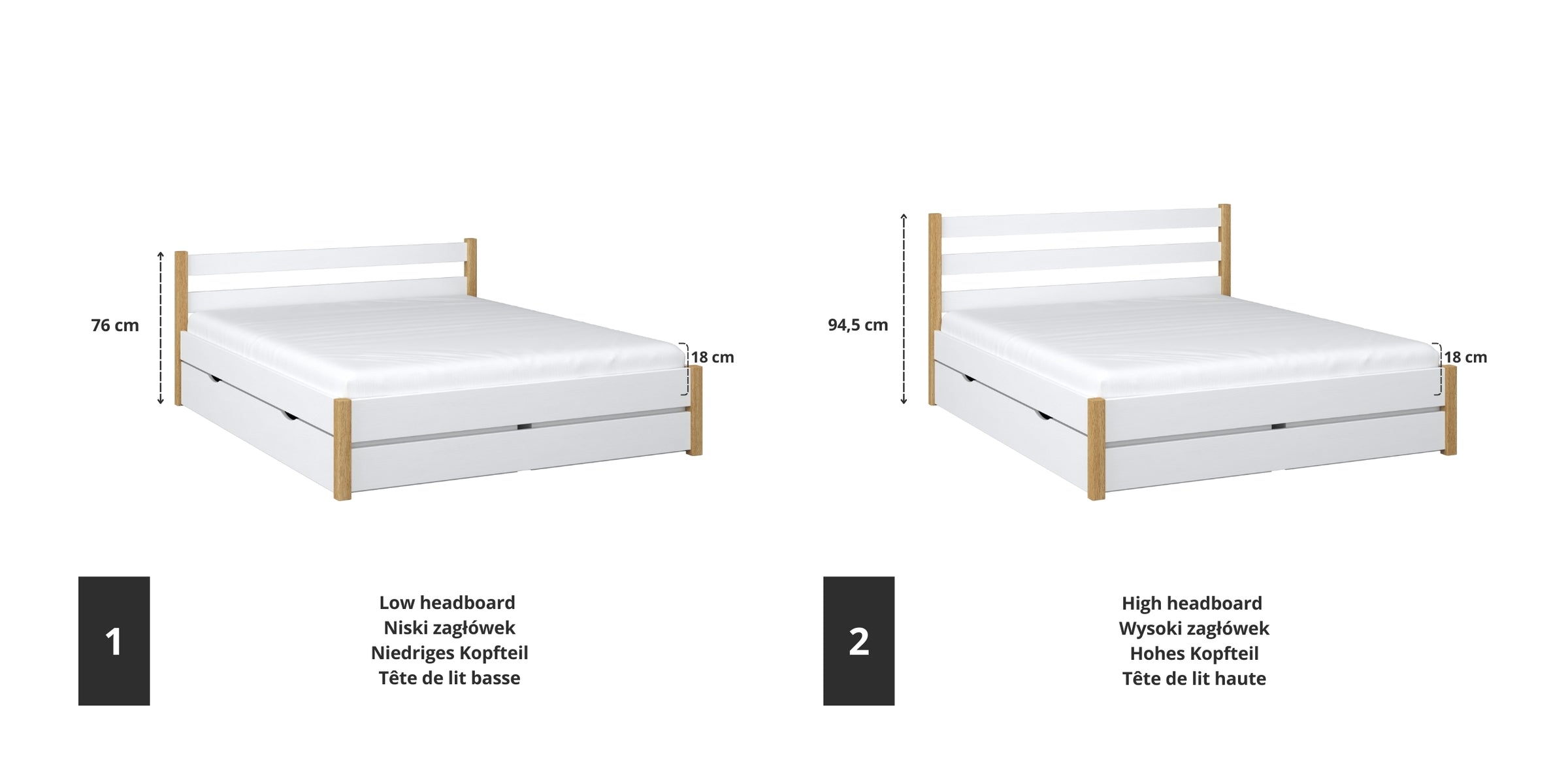 Wooden double bed white with oak – joint and drawer details, Nizio