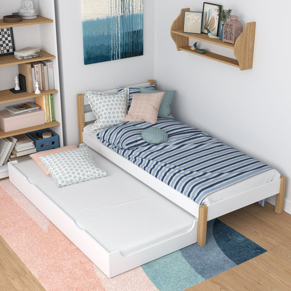 Bed white/oak with drawer for extra mattress – wooden, for children Nizio