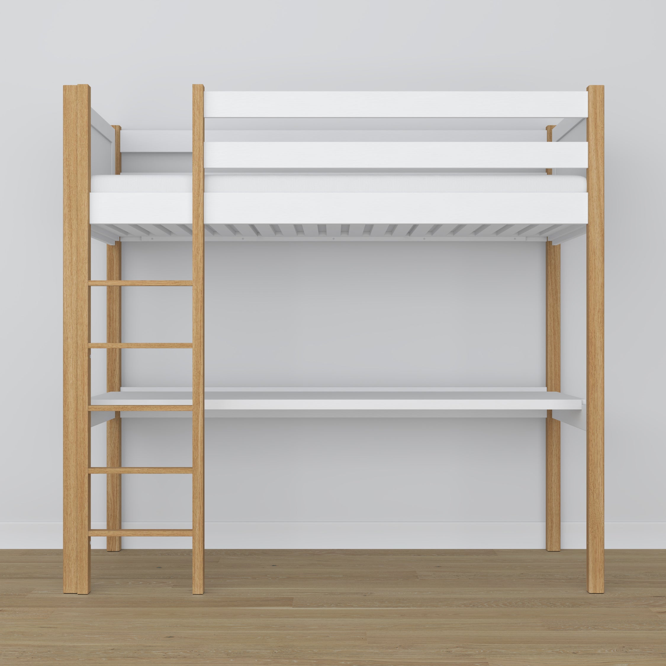 Loft bed white/oak wooden – top view of the sleeping area, Nizio