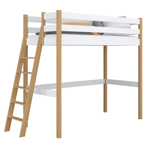 White and Oak Wooden Loft Bed – Children’s Room, Solid Wood, Scandi Style
