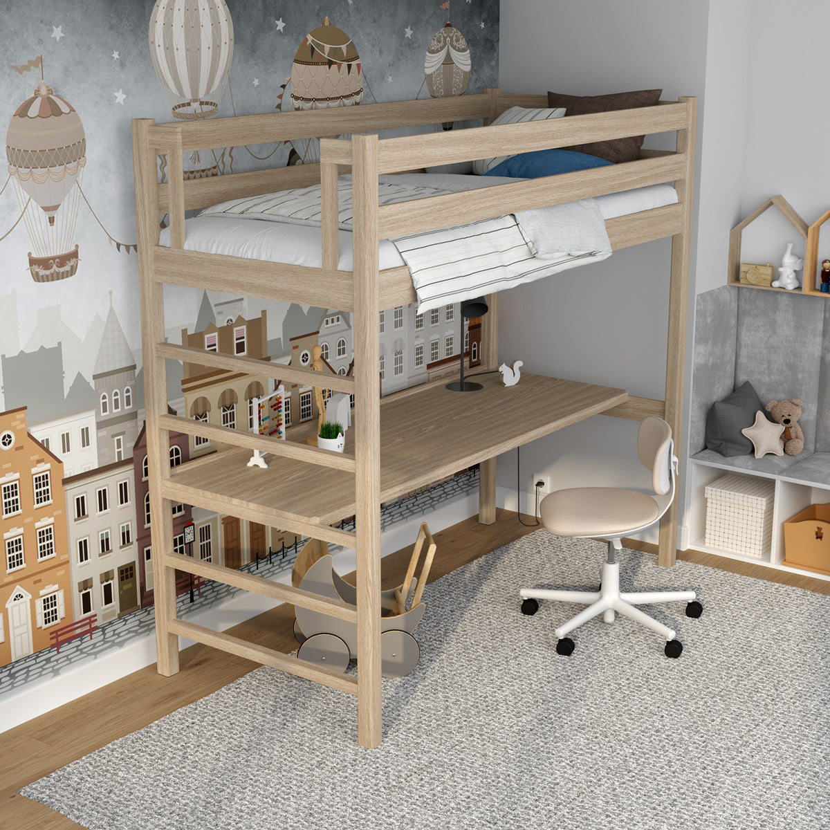 Loft bed bleached oak – oak desk under the sleeping area, scandi children’s room