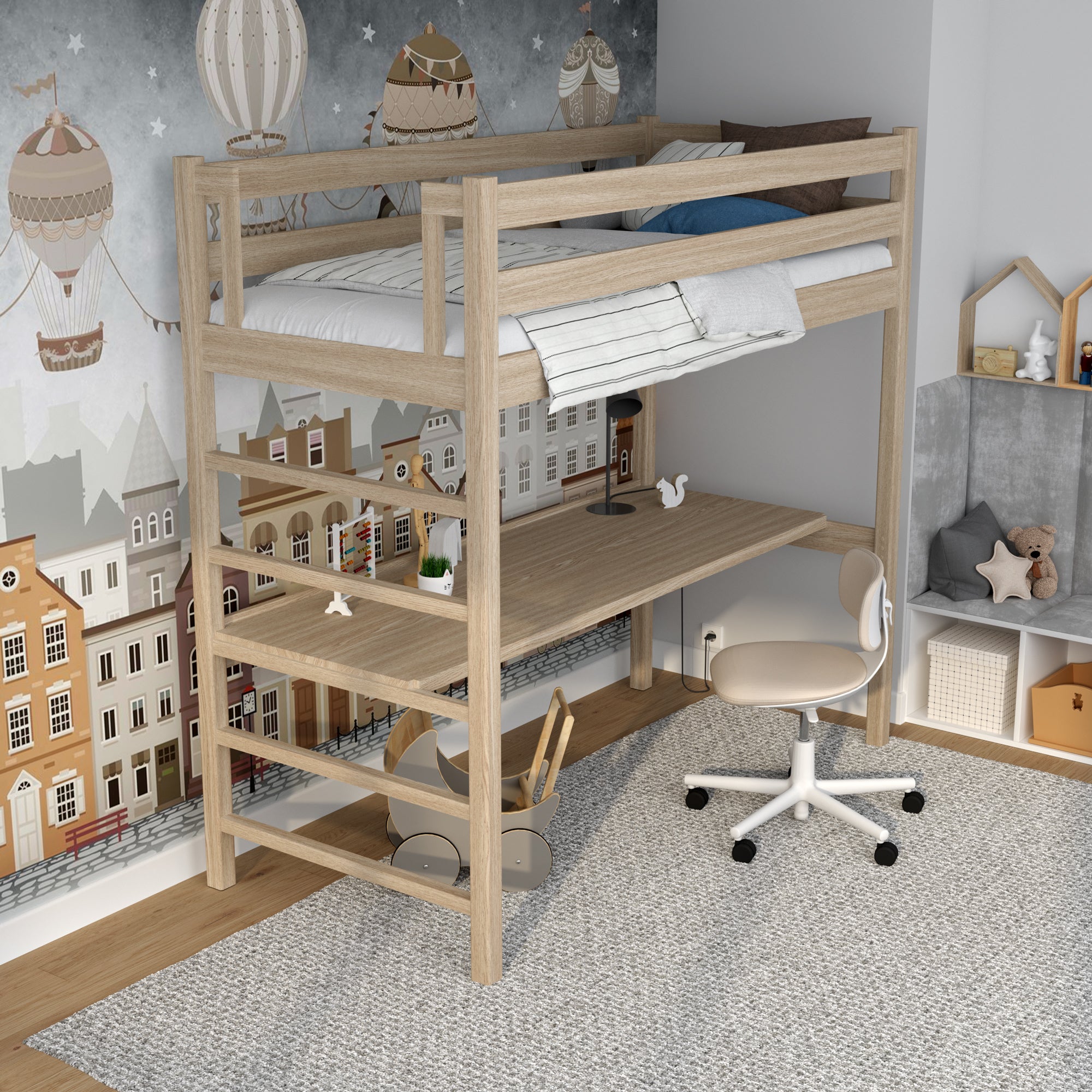 Loft bed bleached oak – oak desk under the sleeping area, scandi children’s room