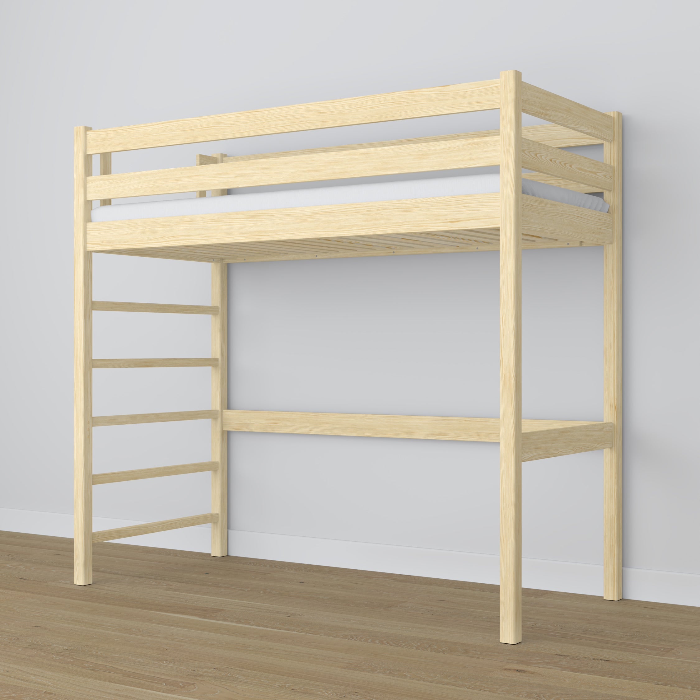 Clear Pine Wooden Loft Bed – Slatted Frame, Side View