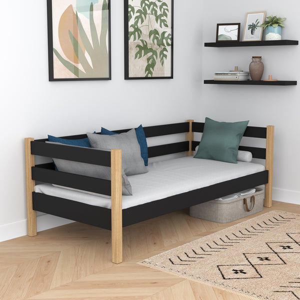 Sofa bed black-oak – wooden side barrier, safety for children