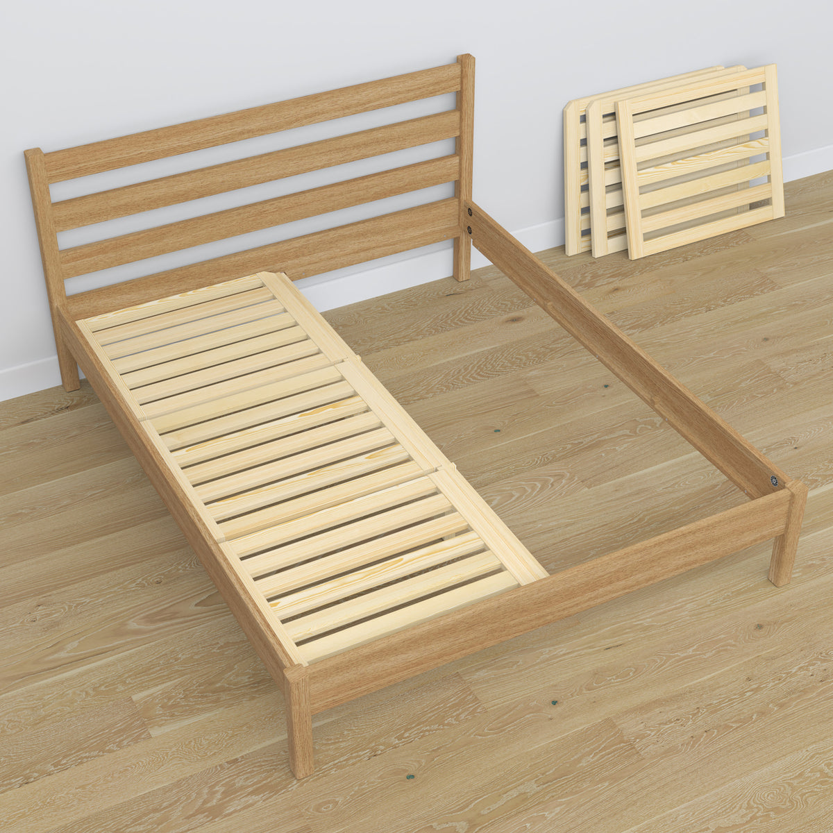 Oak double bed natural oak – dimensions and diagram, Nizio Home