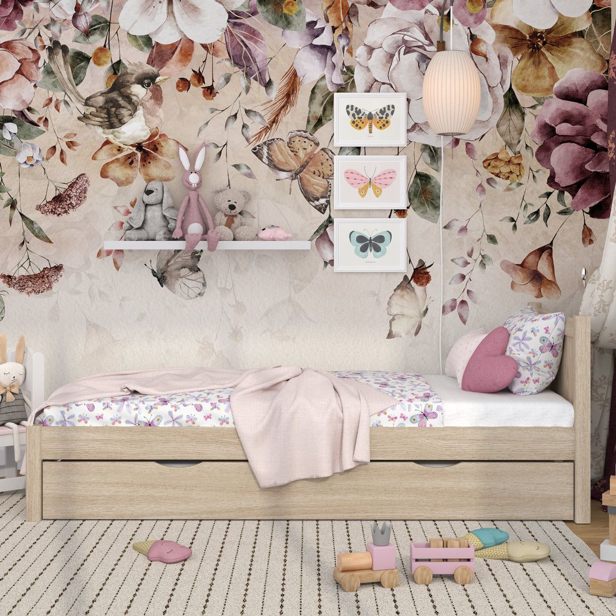 Bleached Oak Bed with Mattress Drawer – Side View, Oak, Nizio Home