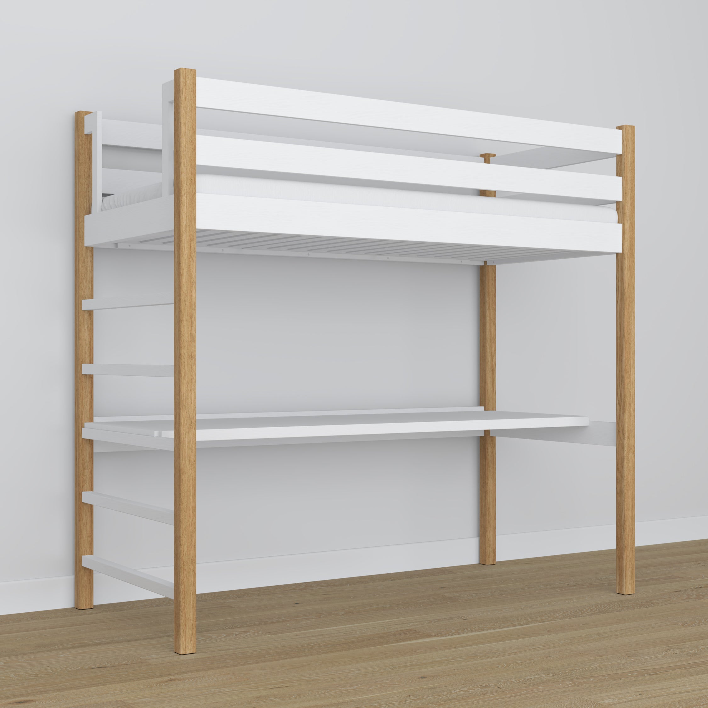 Loft bed with desk white/oak wooden – dimensions, Nizio Home