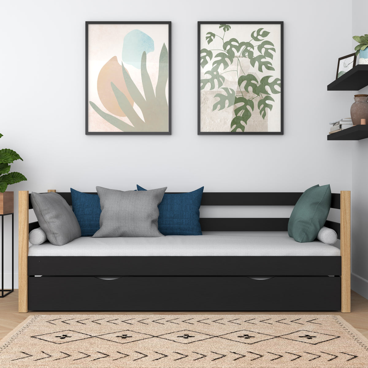 Sofa bed black-oak – wooden side barrier, side view, Nizio