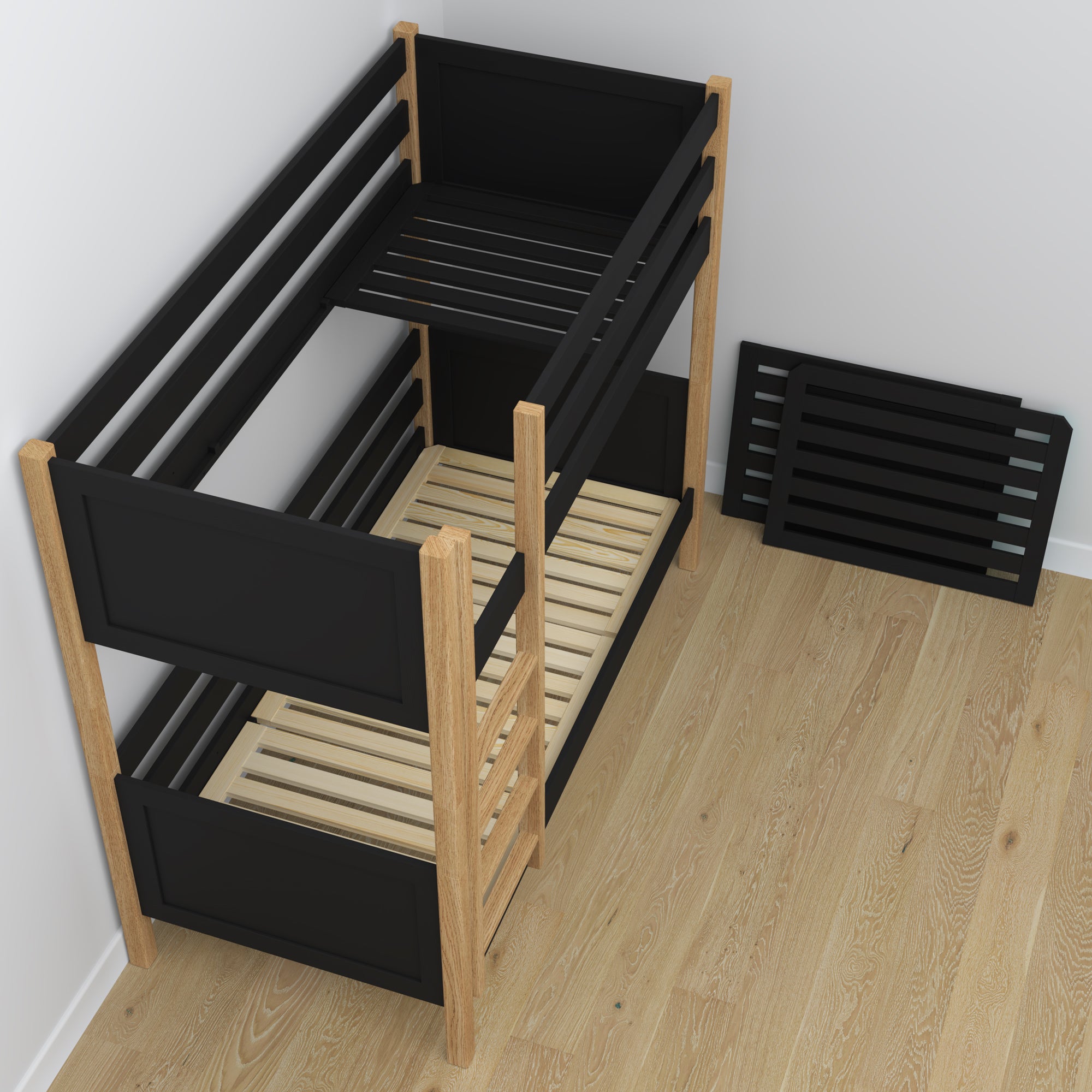 Black and Oak Wooden Bunk Bed with Drawer – Scandinavian Design, Nizio