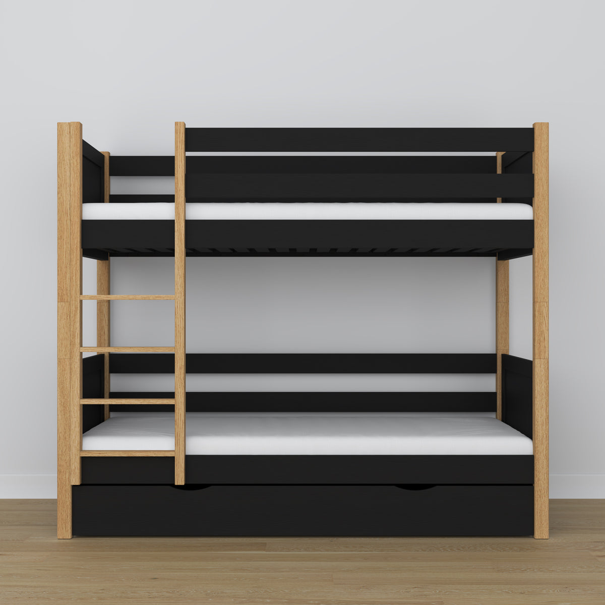 Black and Oak Bunk Bed – Wooden Slatted Frame, Side View