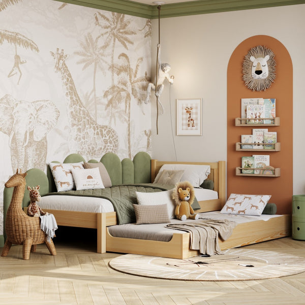 Wooden bed with mattress drawer natural pine – child’s room, scandi Nizio
