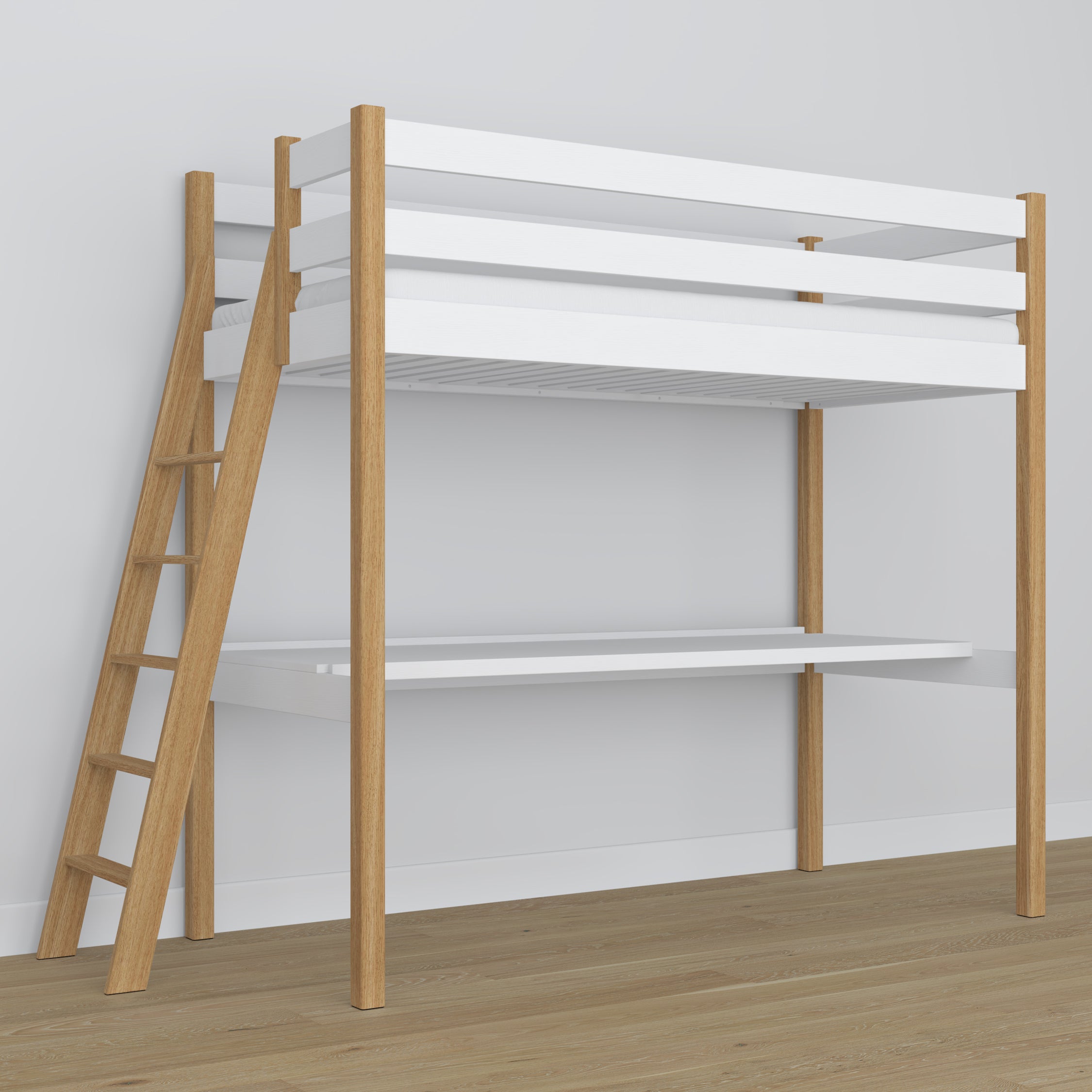 Loft bed white/oak wooden – top view of the sleeping area, Nizio