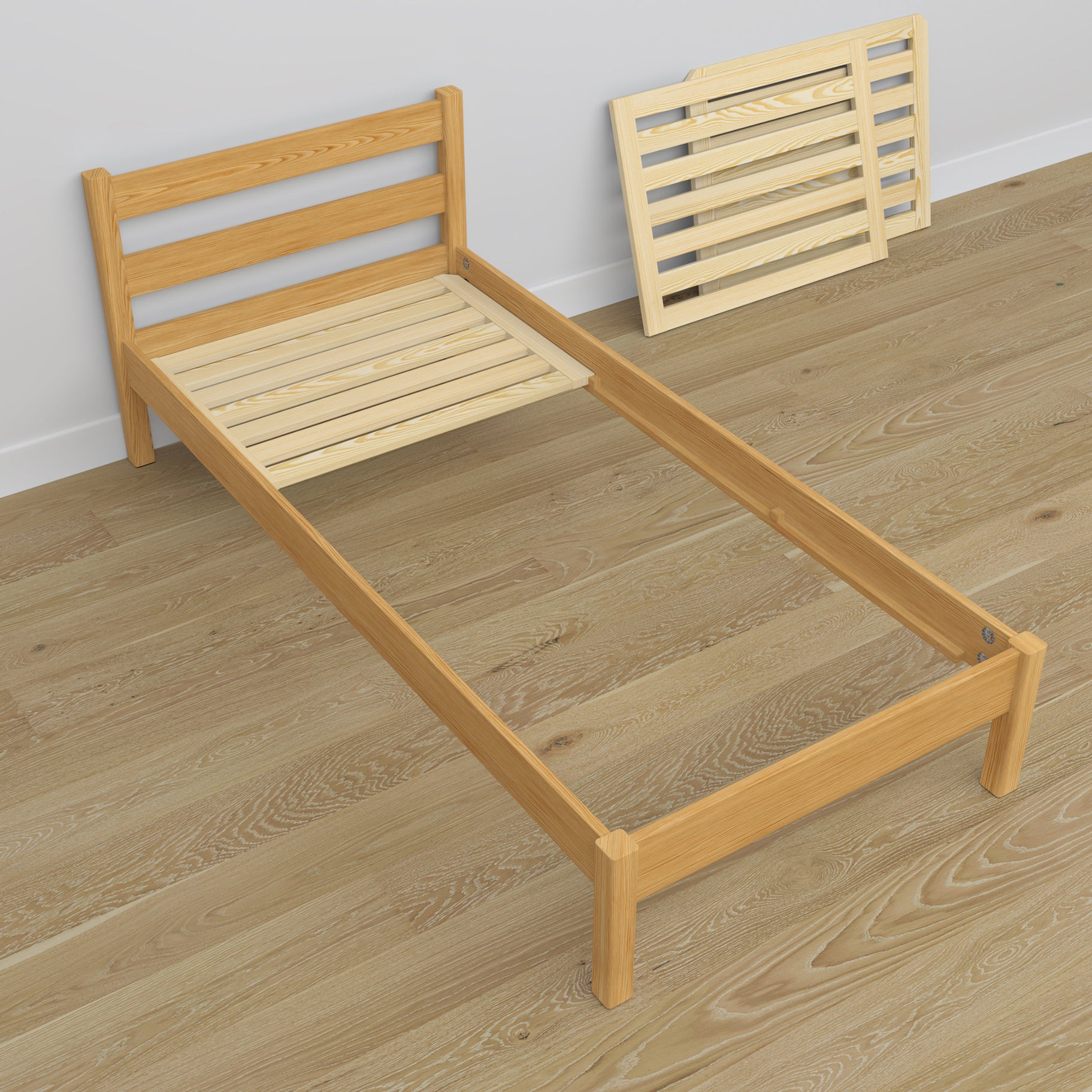 Bed with mattress drawer natural pine made of wood – dimensions, Nizio