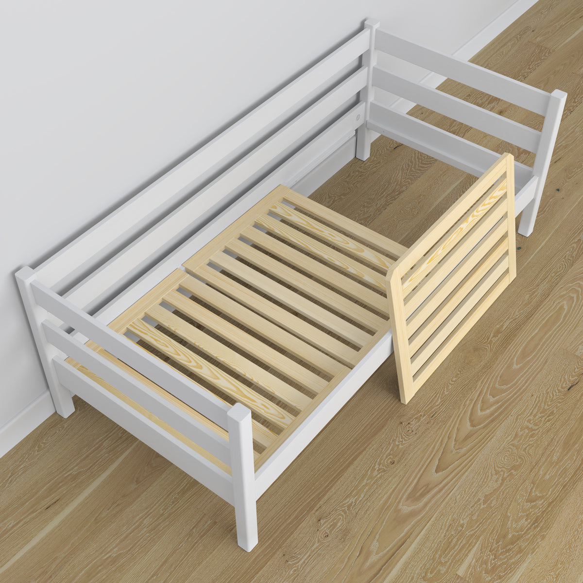 Sofa bed wooden white – angled view, scandi