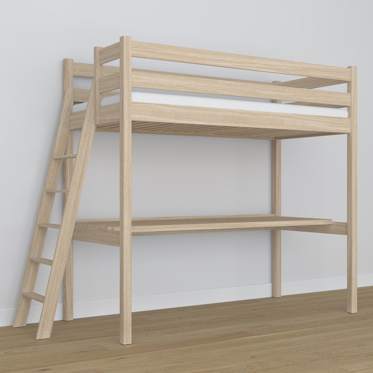Loft bed bleached oak – oak desk under the sleeping area, scandi children’s room