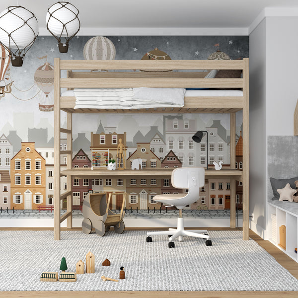 Loft bed bleached oak with desk – study space under the sleeping area, oak