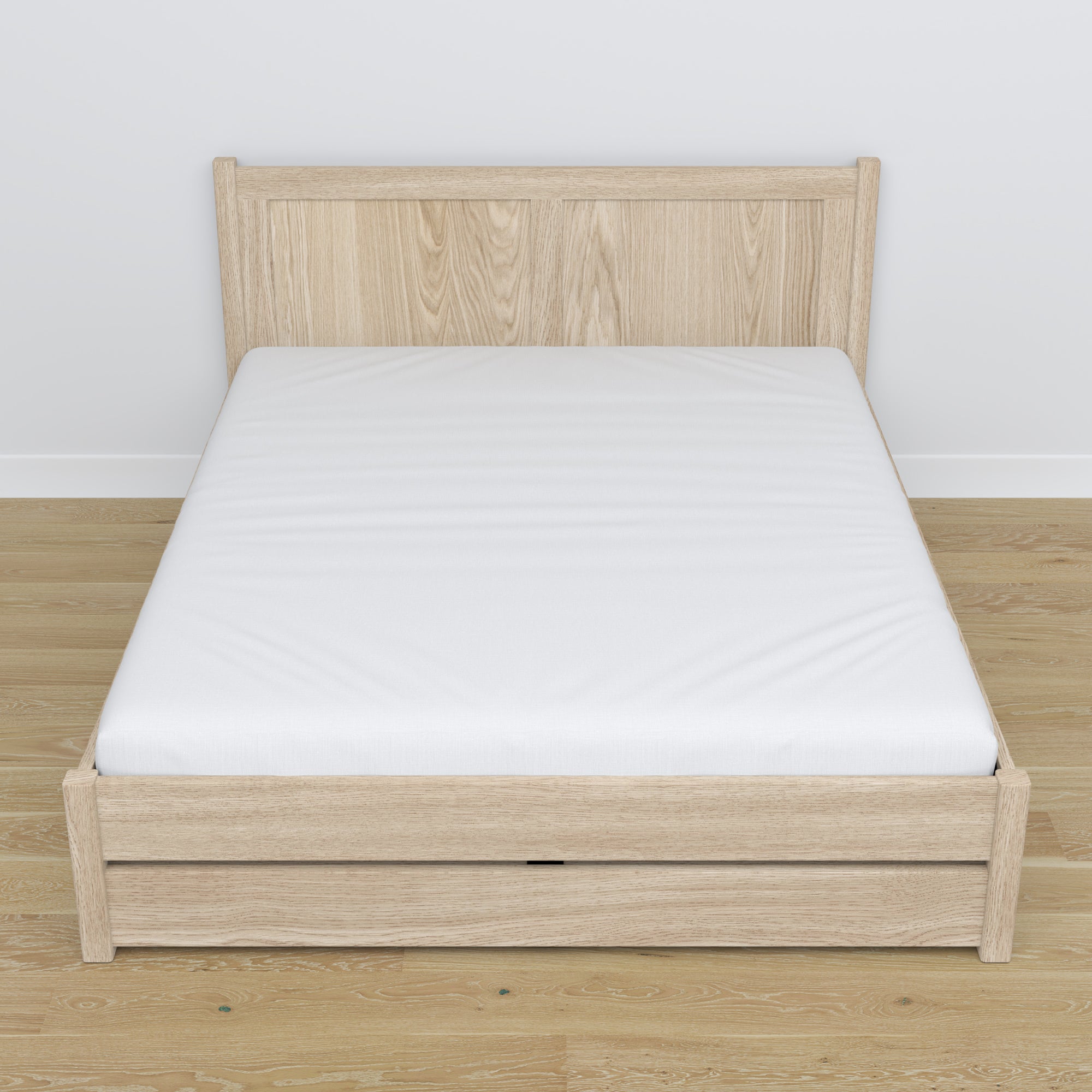 Oak double bed with drawer bleached oak – angled view, scandi bedroom