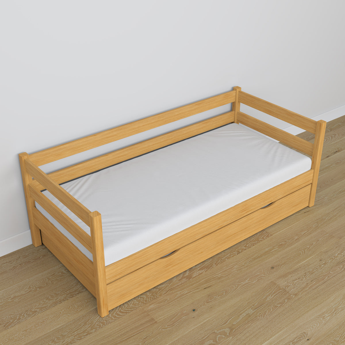 Wooden sofa bed with drawer natural pine – scandi child’s room arrangement