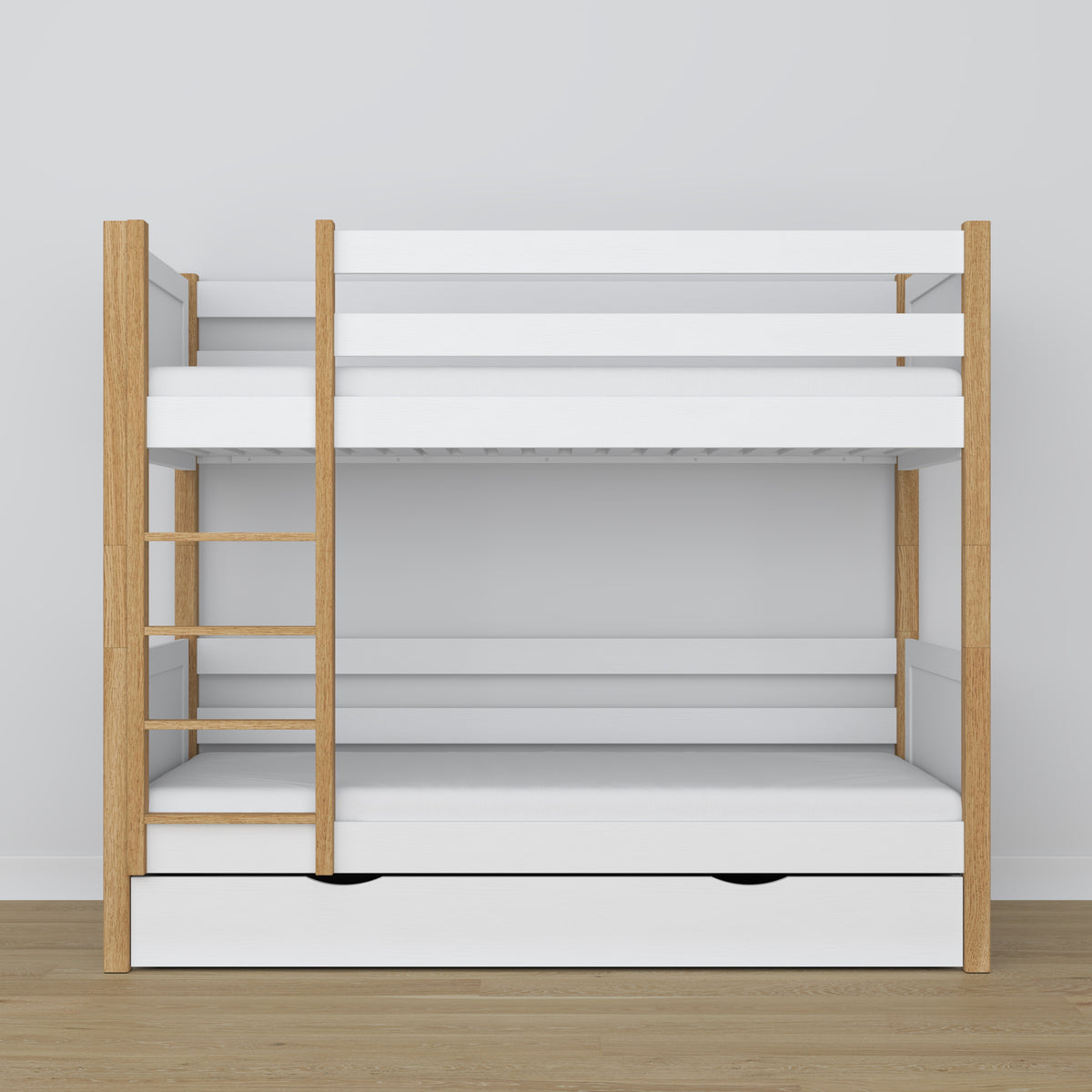 White and Oak Bunk Bed with Drawer – Wooden Safety Rail and Ladder, Nizio