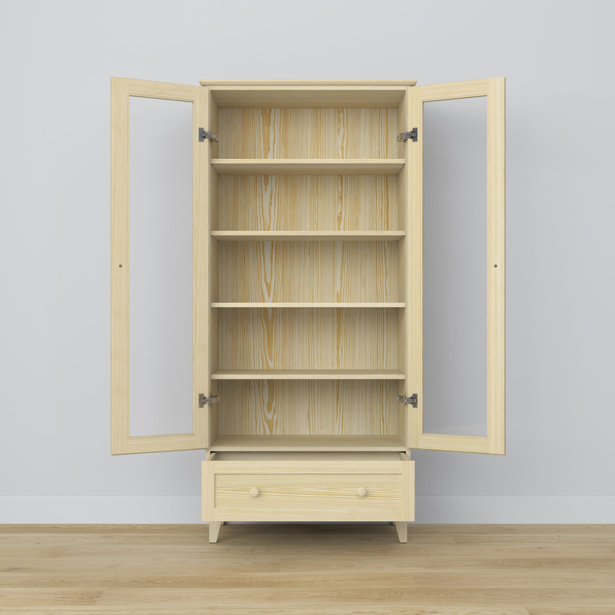 Display cabinet 1S 90 clear pine – pine, glass door, front view