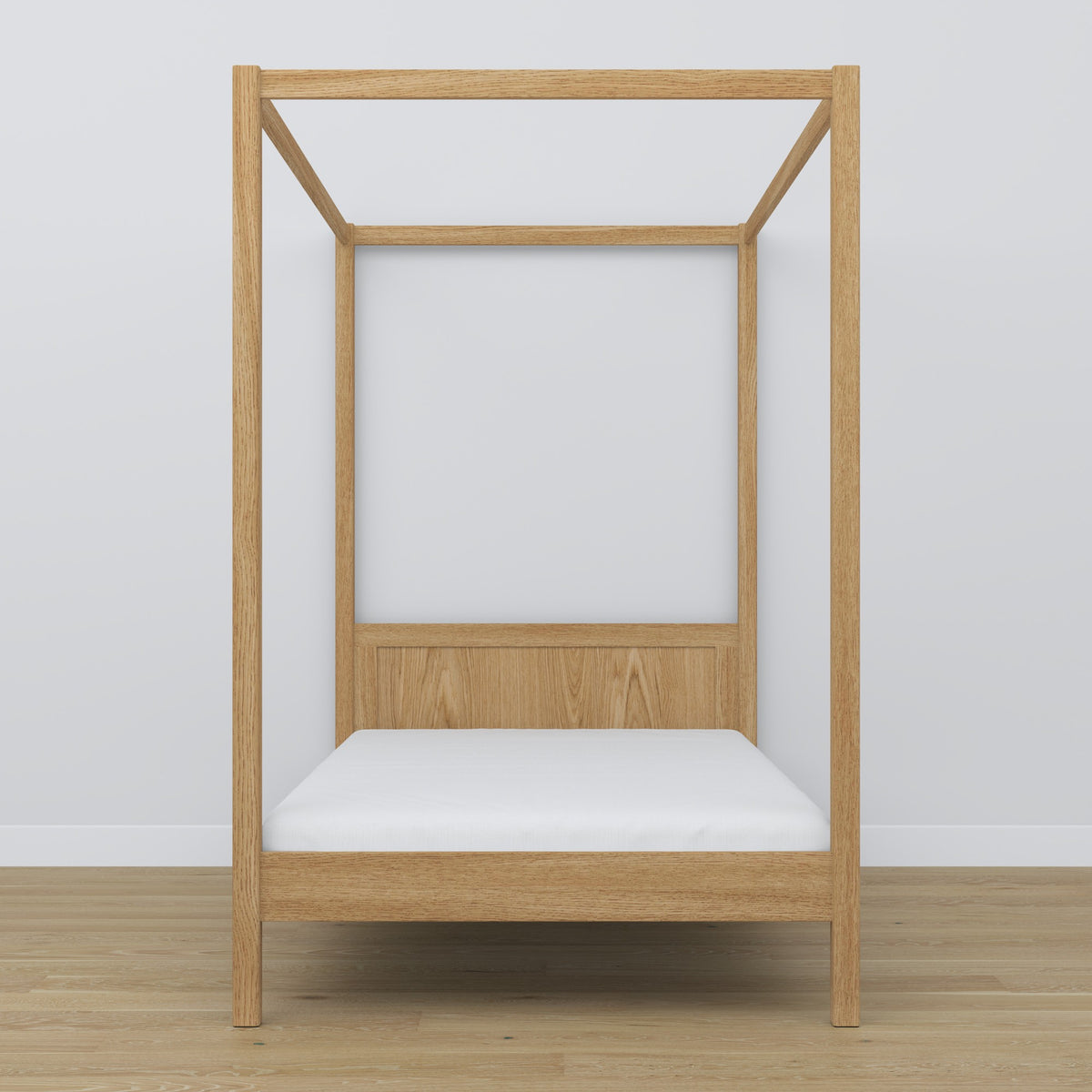Oak canopy bed natural oak – close-up of canopy and headboard