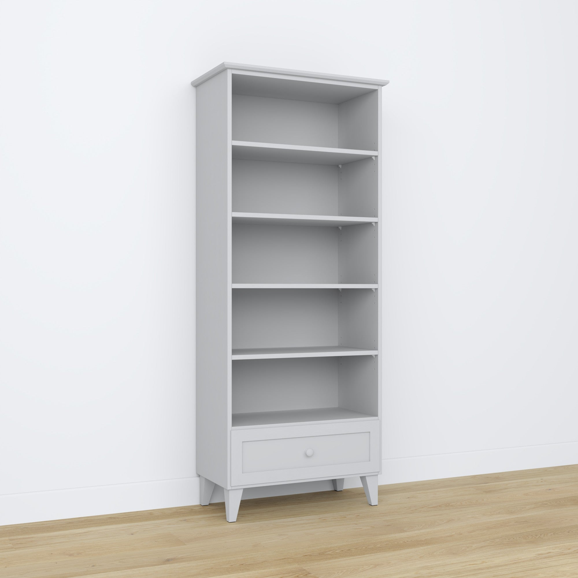 Bookcase 1S 80 grey – wooden, full height, front view, Nizio